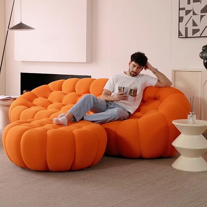 Bubble Couch 78.74'' Curved Loveseat Couch Memory Foam Bubble Sofa Round Lazy Floor Sofa 3D Honeycomb Shape Curved Sofas for Living Room (Orange)