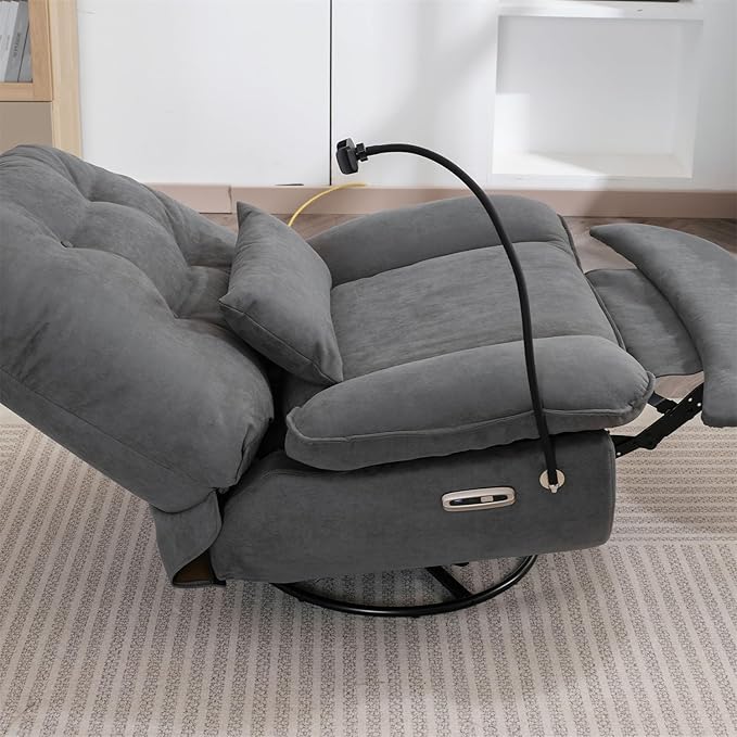 Power Recliner Sofa Chair 270 Degree Swivel Leisure Single Sofa with Button Control Wireless Speaker USB Ports Hidden Arm Storage Phone Holder for Living Room Grey Fabric (Without LED)