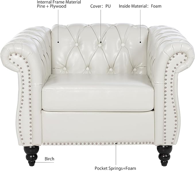 38.98''Single Chesterfield Sofa Mid Century Modern Tufted Sofa Chair with Rolled Arms and Nailhead Upholstered Leather Accent Chair with Solid Wood Legs for Living Room Office White PU