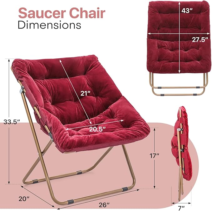 Foldable Oversized Moon Chair Large Soft Lazy Cozy Comfortable Faux Fur Square Saucer Moon Chair for Teens and Adults Burgundy