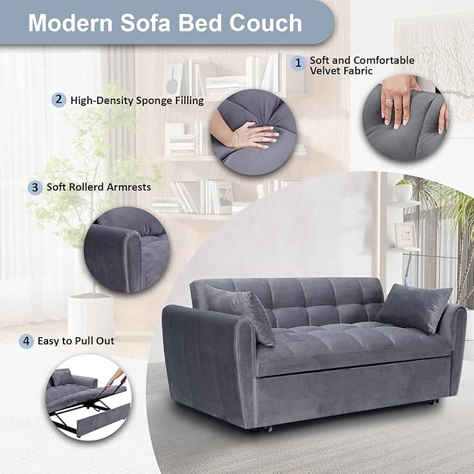 64.9 Velvet Convertible Sofa Bed 3-in-1 Sleeper Loveseat with Adjustable Backrest &amp Storage Pocket Modern Futon for Small Spaces Apartment Living Room Office (Grey)