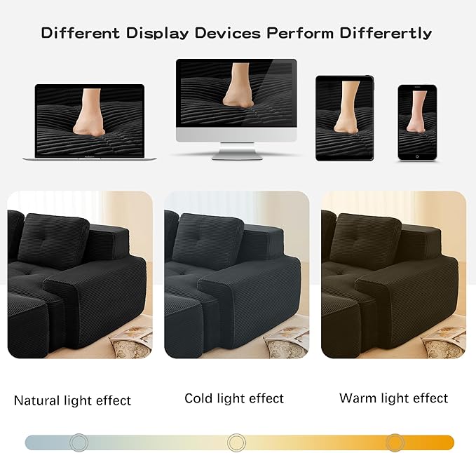 Modular Sectional Boneless Sofa 80” Corduroy L Shaped Sofa Couch with Movable Ottoman Modern 2-Seat Sofas Comfy Deep Seat Couches for Living Room Apartment No Assembly Black