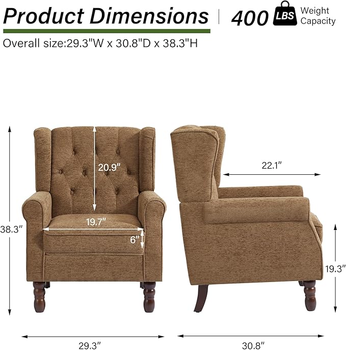Accent Chair Upholstered Armchair with Button Tufted High Back &amp Solid Wood Legs Comfy Wingback Reading Single Sofa Chair for Small Spaces Living Room Bedroom (Brown Set of 2)