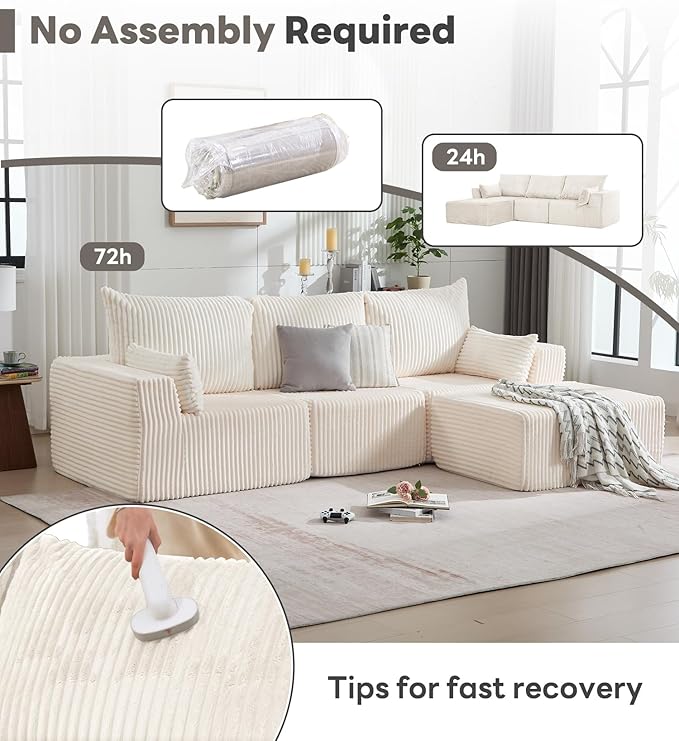 Tbfit Sectional Cloud Couch for Living Room Modular Sofa with Angled Armrest Comfy Boneless Sofa with Wide Seat &amp Deep Seat White