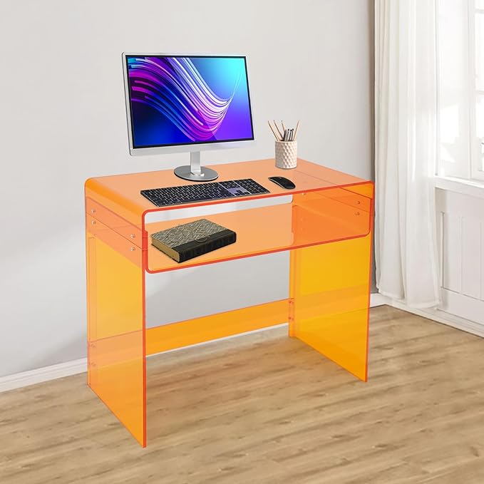 Modern Acrylic Computer Desk 33.5W x 15.8D x 29.5H inches Clear Orange Study Table with Baffle and Removable Divider Minimalist Home Office Desk for Holding Laptops Books and Other Office Supplies
