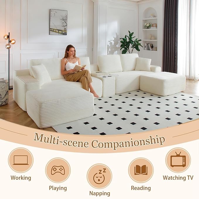 150 Oversized U-Shaped Sectional Sofa Deep Seat Boneless Cloud Corduroy Couch with Cup Holders USB Ports Wireless Charging &amp Storage Box Upholstered Modular Sleeper Sofa for Living Room Beig