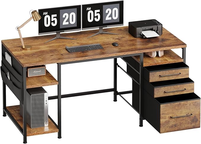 Ｍａｉｈａｉｌ Maihail Home Office Desk with Drawers Adjustable Shelves 59 inch Writing Desk with File Cabinet Large Computer Desk with Storage Vintage Brown2