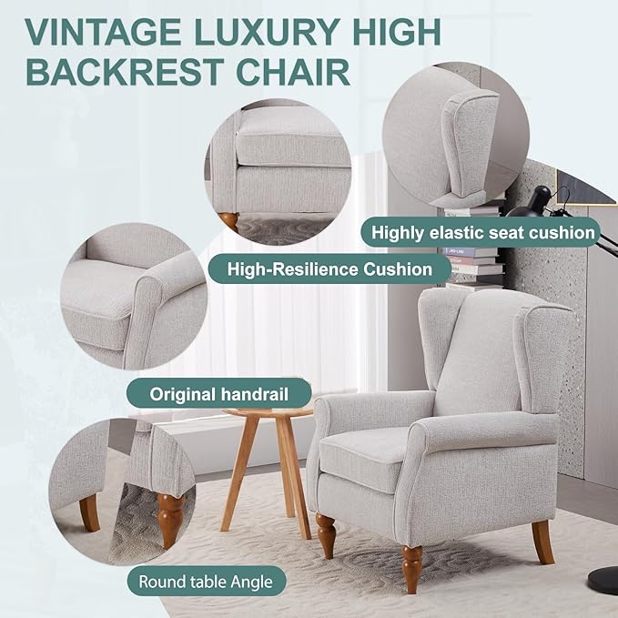ZMAD Accent Chair Upholstered High Back Floral Armchair Wood Legs Comfy Wingback Reading Single Sofa ChairPlus a Solid Wood Coffee Table for Small Spaces Living Room Bedroom (Beige)