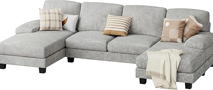 JUMMICO Sectional Couches for Living Room U Shaped Couch with Chenille Fabric 4 Seat Modern Sofa with Removable Pillows for Apartment and Small Space (Loop Yarn Pearl Gray)