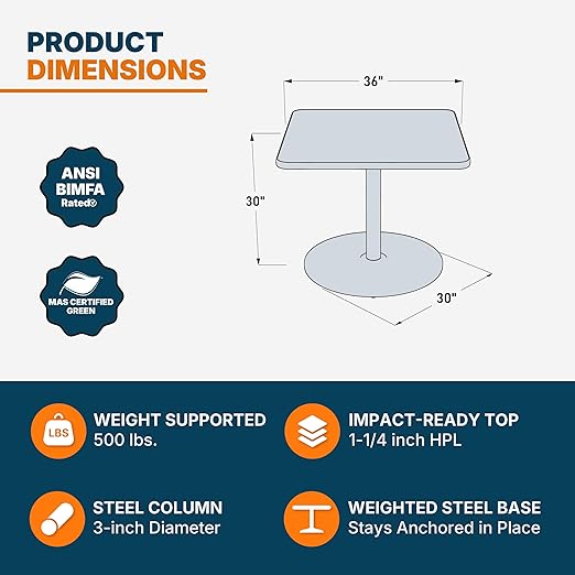 OEF Furnishings OEFCTG33636RDGY Premium Commercial-Grade Restaurant and Breakroom Cafe Table (Square 36 in Side 30 in Dining Height Round-Base Gray Frame Gray Nebula Laminate)