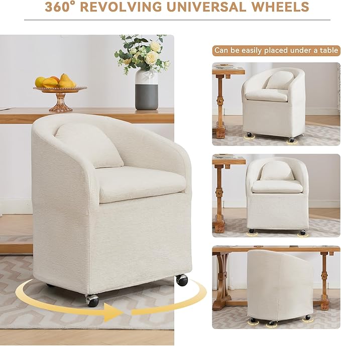 KEIKI Set of 1 Chenille Fabric Swivel Dining Chairs with Universal Wheels Ergonomic Backrest 250 lbs Capacity Easy Assembly for Small Spaces