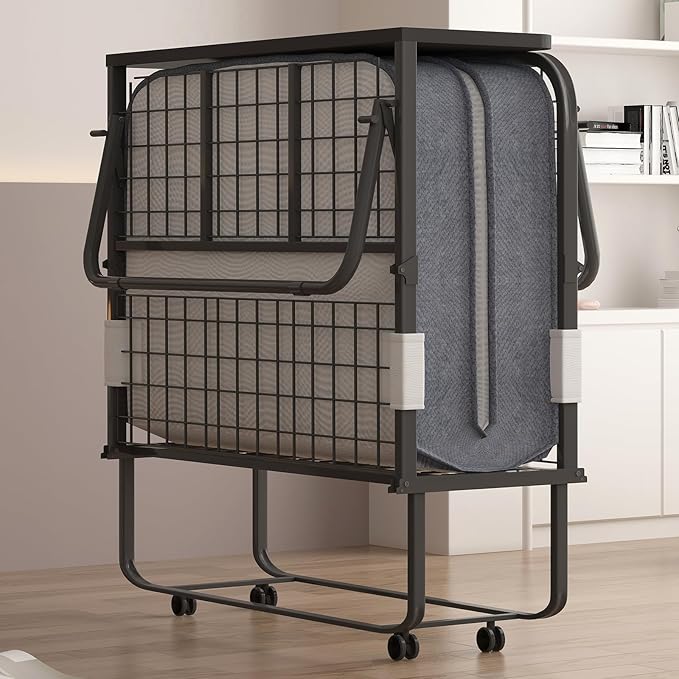 PUREMIND Rollaway Bed with Mattress for Adults Twin Size Folding Bed with 5” Foam Mattress Portable Foldable Guest Beds - Sturdy Metal Frame &amp Dustproof Bag Hideaway (75 x 31)