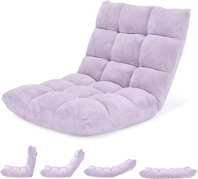 Giantex Floor Chair with Back Support 14 Adjustable Position Padded Sleeper Bed Couch Recliner Folding Gaming Floor Chairs for Adults Living Room Bedroom Yoga Meditation Light Purple