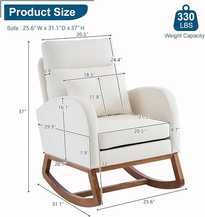 VINGLI Beige Linen Nursery Rocking Chair with Thick HeadrestMid-Century Modern Nursing RockerUpholstered Glider with Curved Armrest Sturdy Solid Wood Base for Living Room Bedroom Baby Room