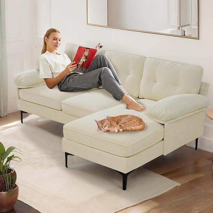 PARKOL 82in L Shaped Sectional Couches Small Lounge Sofa Couches Set Clearance Set Couch for Small Space Apartment (White (Chenille Fabric) 82 Width with Reversible Chaise)
