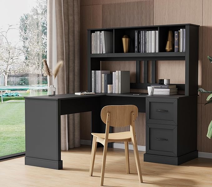 KEIKI L Shaped Home Office Desks with Hutch Drawers Bookshelf &amp Storage Shelves Modern Wooden Computer Corner Table for Work Study Writing