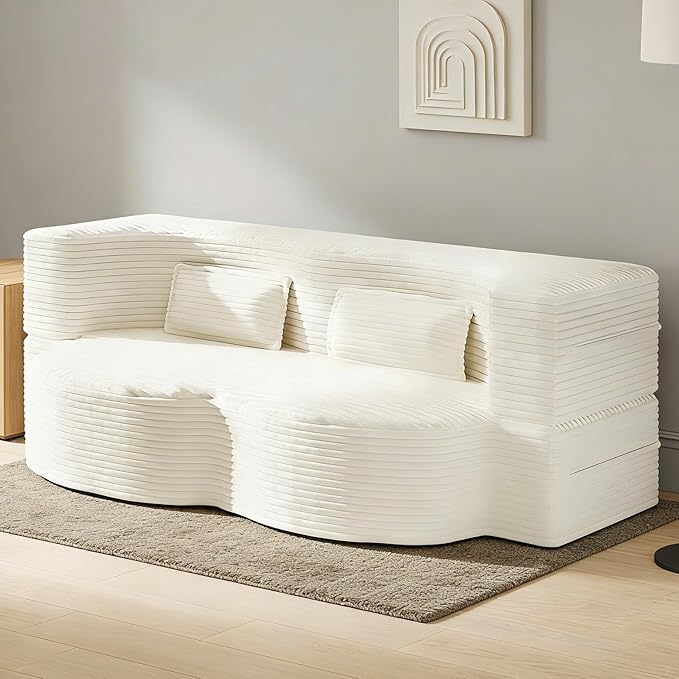2 in 1 Convertible Compressed Sofa Bed 49'' Modern Boneless Single Sleeper in a Box Floor Mattress Futon Loveseat Couch No Assembly Needed Space Saving Beige Twin 2 Pillows for Living Room