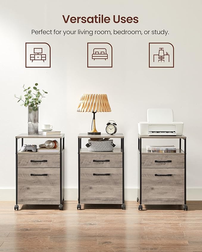 VASAGLE File Cabinet Mobile Filing Cabinet with Wheels 2 Drawers Open Shelf for A4 Letter Size Hanging File Folders Heather Greige and Ink Black UOFC071B02