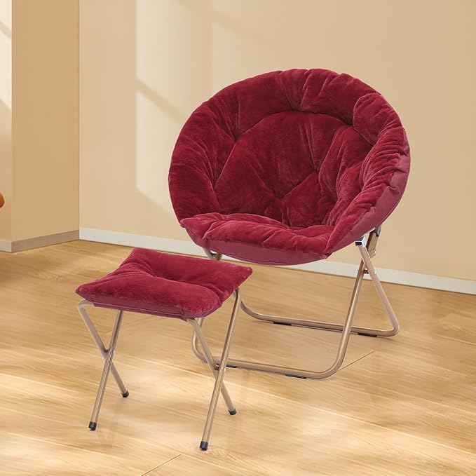 Athena Collection Round Saucer Chair with Ottoman Set of 2 for Adults Oversize Comfy Cozy Faux Fur Folding Reading Chair with Metal Leg Lazy Relaxing for Living Room Bedroom Dorm Apartment Red