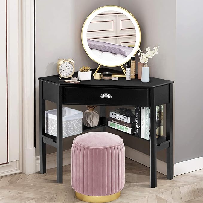 LDAILY Small Corner Desk Triangle Makeup Vanity Desk for Small Space Compact Writing Desk with Storage Shelves &amp Drawer Space Saving Corner Computer Desk for Bedroom Home Office