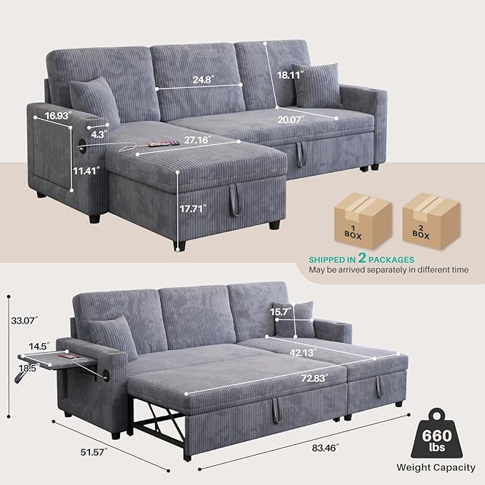 83 Sleeper Sectional Sofa Comfy Convertible Sofa Bed with Pull Out Couches Small Desktop Corduroy L Shaped Couch with Reversible Storage Chaise &amp USB for Living Room Apartment Grey