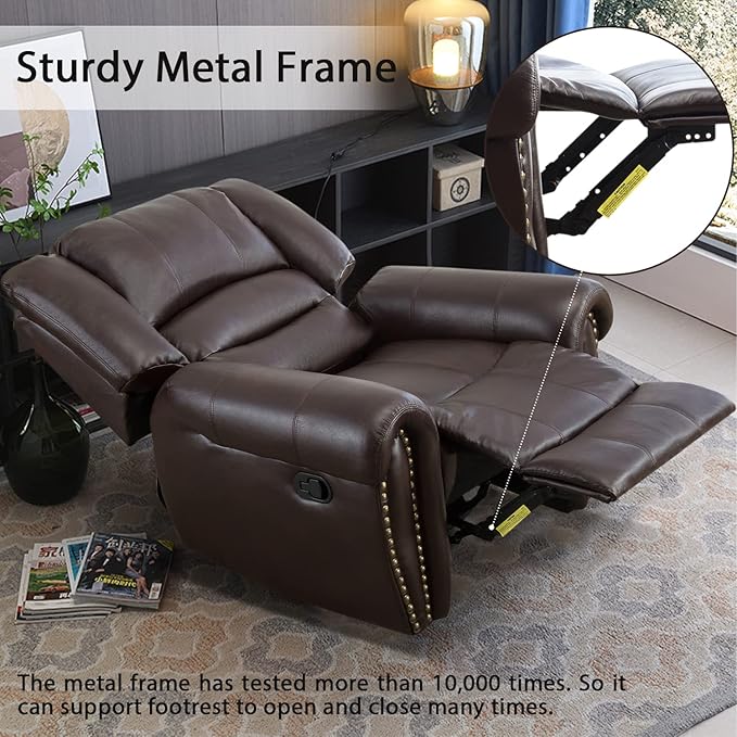 INZOY Leather Recliner Chair Heavy Duty Manual Reclining Sofa Single Lounge Sofa for Living Room Home Theater Seating Brown
