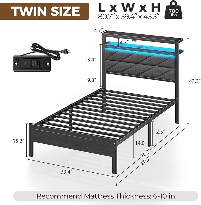 Seventable Bed Frame Twin Size with Charging Station LED Bed with Upholstered Storage Headboard Metal Platform Bed with Under Bed Storage No Box Spring Needed Noise Free Easy Assembly Grey