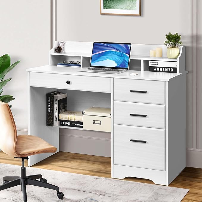White Desk with Drawers Small Computer Desk with File Drawers for Bedroom Home Office Desk with Shelves and Monitor Stand for Writing Study Small Spaces