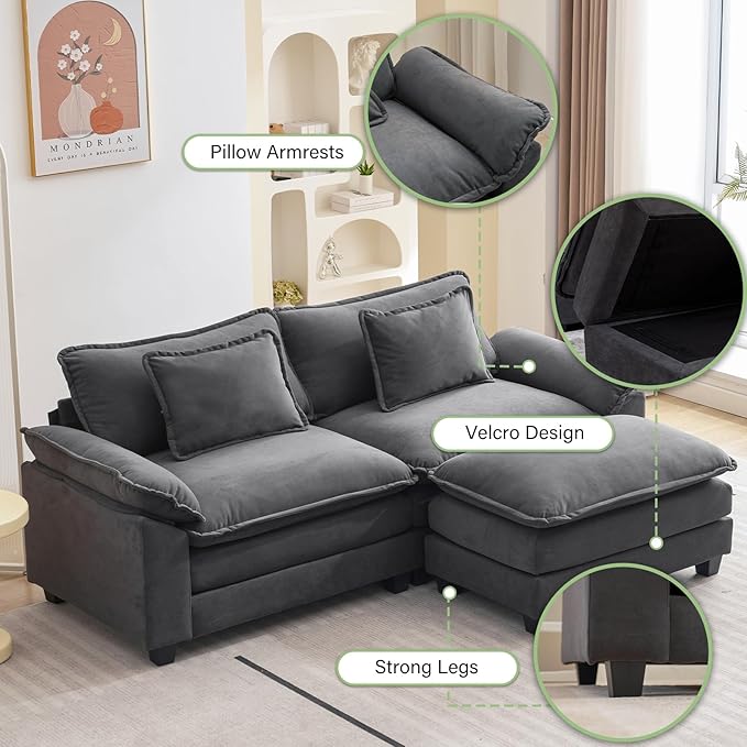 Sectional Sofa Comfy Cloud Couch for Living Room with Pillows Modern Velvet Sofa Sleeper Deep Couches with Ottoman (Grey 3-Seat)