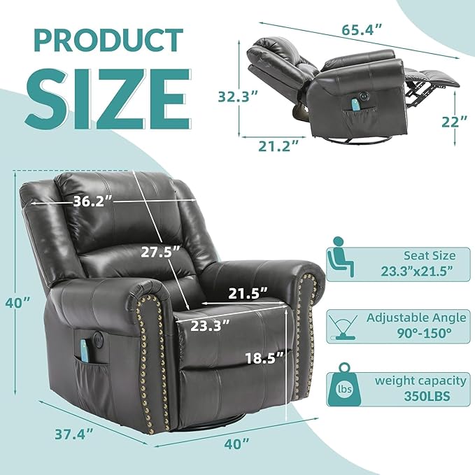 MEETWARM Oversized Massage Rocking Recliner Chair with Heat Manual Glider Swivel Rocker Recliner with High Back 360°Swivel Nursery Reclining Sofa with Remote Control/USB Port for Living Room(Gray)