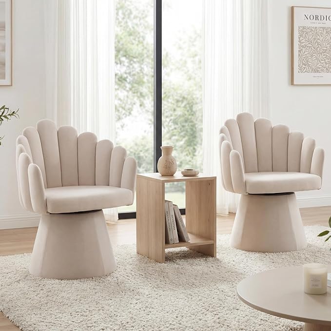 Modern 360 Degree Swivel Accent Chairs Set of 2 Barrel Living Room Chair with Curve Back and Armrest Comfy Round Vanity Chair Reading Armchair Single Sofa for Bedroom/Waiting Room Beige