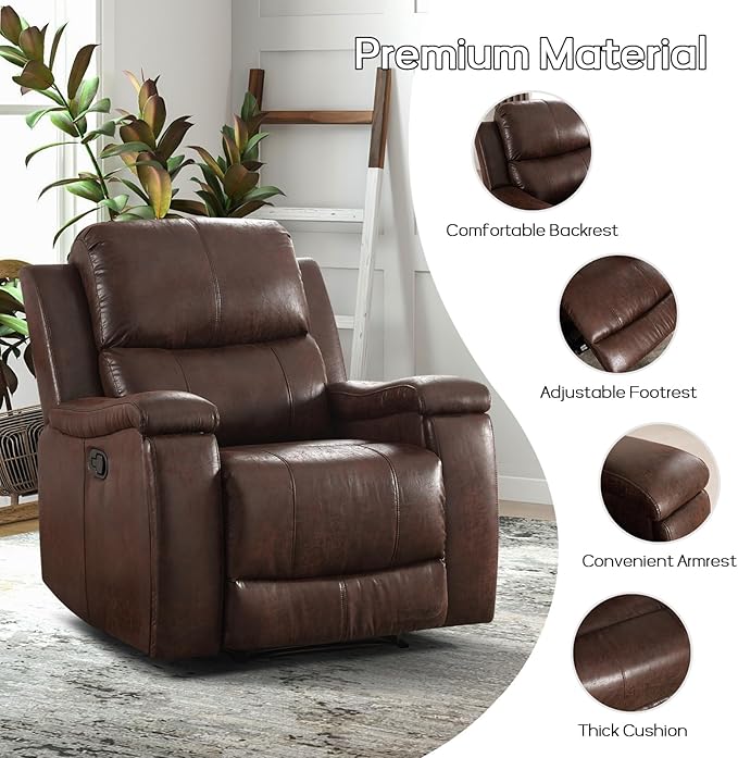 Brown Recliner Chair Single Overstuffed Sofa Recliners Breathable Faux Leather Manual Reclining Chairs with Hidden Cup Holder Arm and Back for Adults Living Room Bedroom Dark Brown