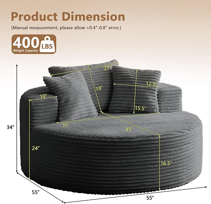 Oversized Round Chair Lounge Chaise Indoor Upholstered Corduroy Deep Seat Cloud Large Circle Sofa Chair No Assembly Required Fluffy Modern Sleeper Sofa Bed for Reading Living Room Bedroom Gray