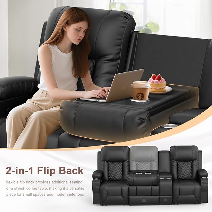 YONISEE 3 Seat Recliner Sofa with Flip Backrest Design Loveseat Reclining Sofa with Storage Console Drawer USB Ports 2 Cell Phone Holder Loveseat Recliner Couch for Living Room