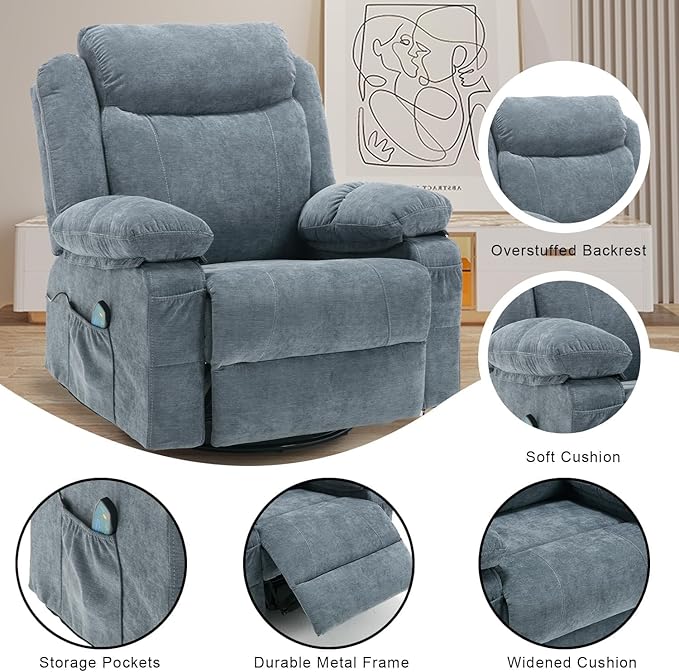 Swivel Rocker Recliner Chair Overstuffed Fabric Massage Recliner Chairs with Heat for Adults Oversized Reclining Sofa Manual Home Theater Rocking Recliner Lounge ChairsBlue