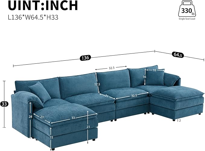 136 Chenille U-Shaped Modular Sectional Sofa with Deep and Wide SeatCloud Couch Set with Double Cushions6 Seat Sofa with Movable Ottomanfor Living Room Apartment Office (Blue#h)