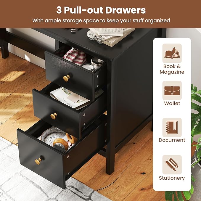 GOFLAME Computer Desk w/ 3 Drawers 48 Wide Writing Desk with Storage Laptop Study Desk w/Anti-tip Kit Modern Home Office Desk Wooden Workstation Vanity Table for Study OfficeBlack