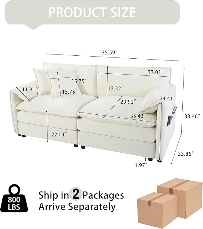 Oversized Chenille Loveseat Sofa 76” Comfy 2 Seater Couch with Deep Seat Modular Love Seat Couch for Living Room Bedroom Apartment Easy Assembly Small Cloud Couch White