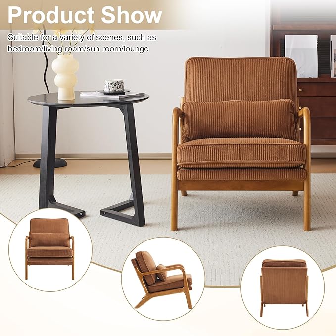 Karl home Mid-Century Modern Accent Chair Living Room Chairs with Pillow Corduroy Upholstered Lounge Armchair with Solid Wood Frame &amp Soft Cushion for Bedroom Reading Room Brown