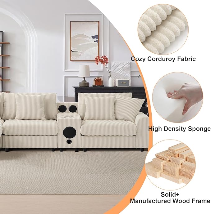 114 Corduroy Sectional Modular Couch with Speakers L Shaped Couches Comfy Deep Sofa with Console USB Charger Cup Holders Storage Ottoman for Living Room (Beige 114in)