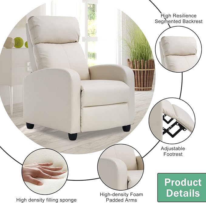Recliner ChairSingle SofaLiving Room ChairsReading ChairRecliner Chairs for AdultsReclining SofaHome Theater SeatingLash Recliner ChairBeige