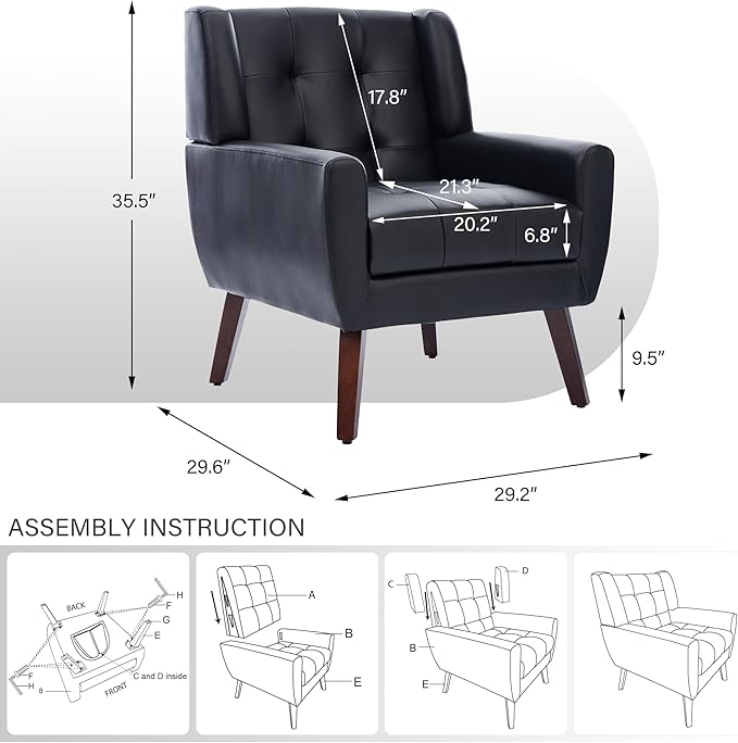 Pia Ricco 2 Pack Mid Century Modern Accent Chairs Button Tufted Faux Leather Armchairs - Easy-Clean Matching Set for Living Room Durable Sofa Chairs for Home Office &amp Lounge Black