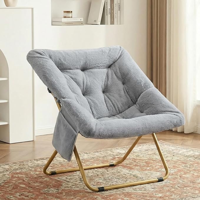 TLSUNNY Comfy Saucer Chair Oversized Foldable Lounge Lazy Chair Soft Faux Fur Reading Chair for Teens Adults Stable Metal Frame Moon Chair for Living Room Bedroom Dorms Office X-Large (Gray)