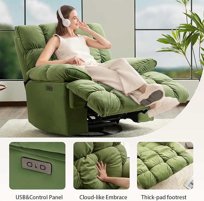 Dozzy Oversized Rocker Recliner ChairOverstuffed Rocking Chair Soft Padded Headrest and Armrest Manual Recliner Extra Large Living Room Chair Up to 350 LBS Power Green