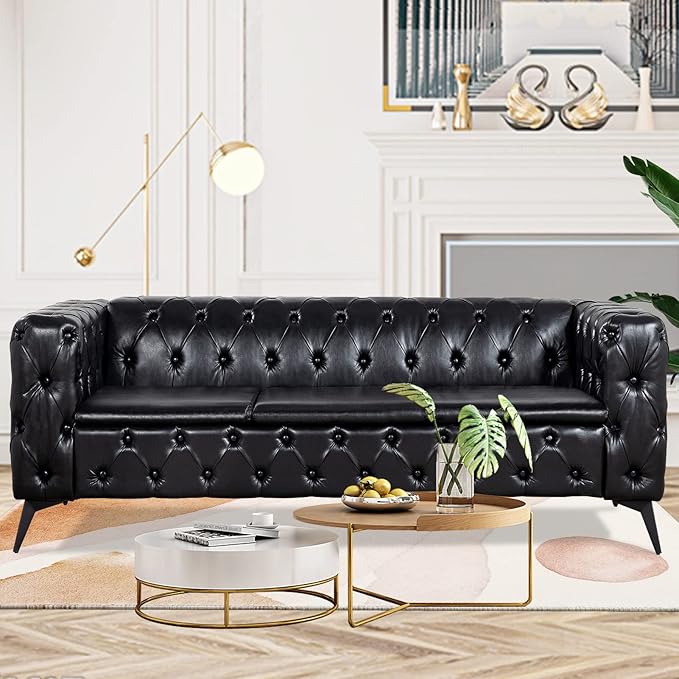 Black Couches for Living Room Modern Tufted Chesterfield Sofa Deep Seat Comfy Faux Leather Sofa Tight Pleated Rolled Arms 85” 3 Seater Sofas for Bedroom Office