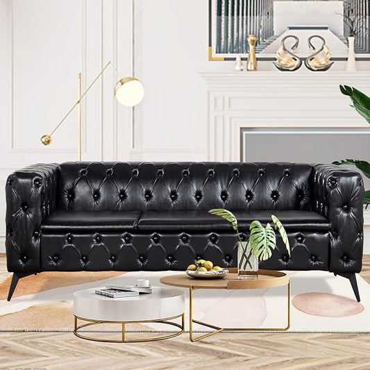Black Couches for Living Room Modern Tufted Chesterfield Sofa Deep Seat Comfy Faux Leather Sofa Tight Pleated Rolled Arms 85” 3 Seater Sofas for Bedroom Office