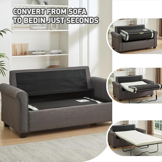 Pull Out Sofa Bed 73+3 with Memory Foam Mattress Bed Frame Linen Two Seat Loveseat 57 2-in-1 Convertible Sleeper CouchNo Assembly Space-Saving for Living Room Office Apartment Grey