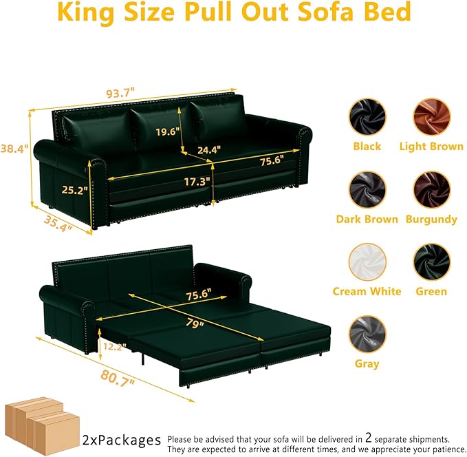 93.7 King Pull Out Sofa Bed Faux Leather Sleeper Sofa Couch 3 in 1 Convertible Futon Couches for Living Room Small Space Apartment Office Bedroom Modern Rivet Armrest Green
