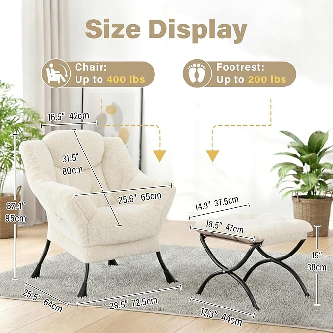 Lazy Chair and Ottoman Large Plush Beige Contemporary Accent Chair with a Side Pocket Modern Leisure Upholstered Reading Armchair with Footrest for Office Bedroom Living Room Balcony