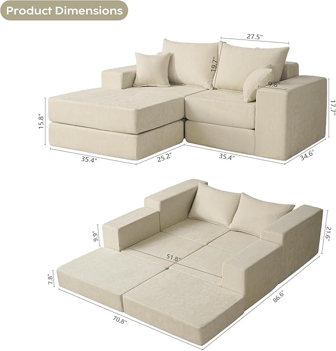 Modular Convertible Loveseat Sleeper Sofa Bed Chenille Upholstered Sectional Boneless Couch for Living Room L Shaped Foam Cloud Couch in Box Customizable Floor Sofa Bed (No Assembly Beige)